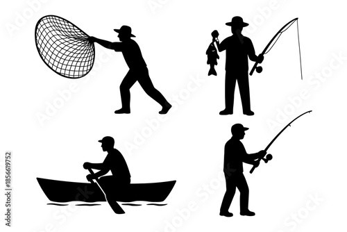 Silhouette of male fishermen with nets, fish, boat, and rod.