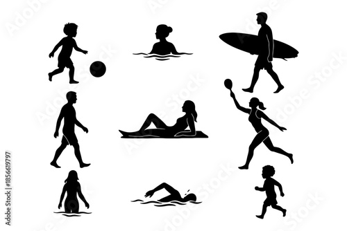 Silhouettes: diverse beachgoers engaging in summer activities.