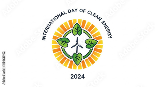 International day of clean energy 2024 logo with green leaves and wind turbine in sunburst design