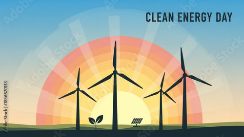Clean energy concept with wind turbines and solar panel at sunrise, eco friendly power generation, renewable energy sources