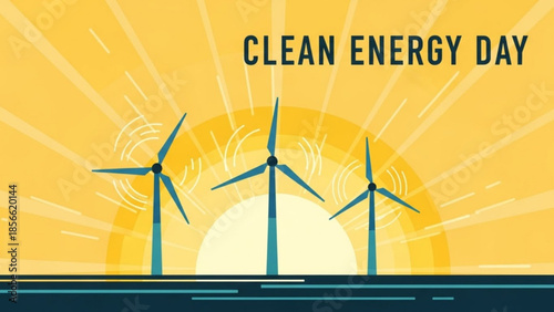 Renewable energy wind turbines illustration with clean energy day text on yellow background