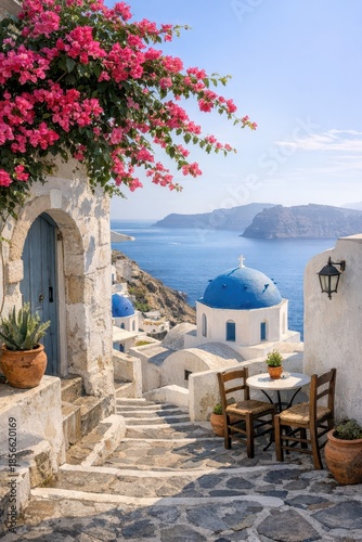 Scenic View of Santorini with Blue Domed Church and Bougainvillea