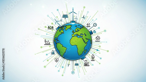 Sustainable earth with eco friendly icons and symbols surrounding the globe representing renewable energy and green technology concepts