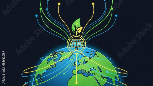 Earth with solar panel and leafy green connections representing sustainable energy and global technology network