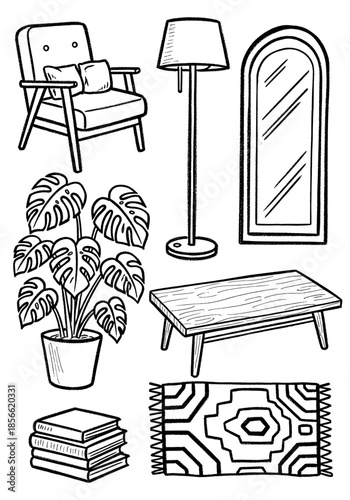 Hand drawn mid century modern furniture and home decor collection featuring a monstera houseplant armchair coffee table floor lamp full length mirror rug and stack of books sketch
