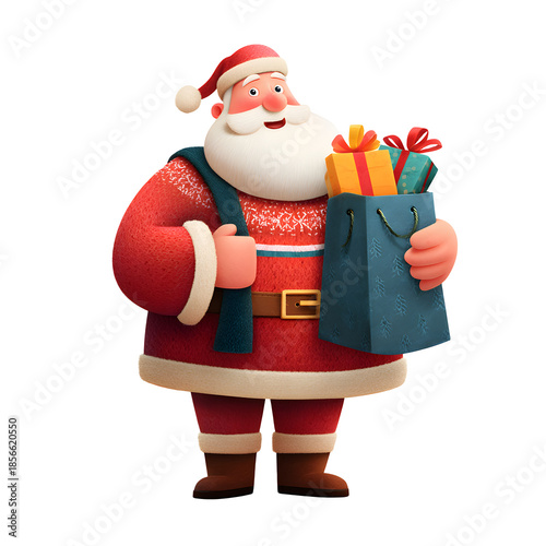 Santa Claus cartoon character holding a gift bag, friendly expression, clean vector illustration, white isolated background