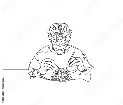 Continuous line drawing of a Doctor doing brain surgery. Single line illustration of a Doctor doing brain surgery. Medical Concept. Editable outline