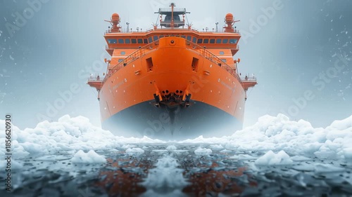 Powerful icebreaker ship cutting through Antarctic sea ice in extreme polar conditions, symbolizing exploration, research missions, and navigation in frozen oceans