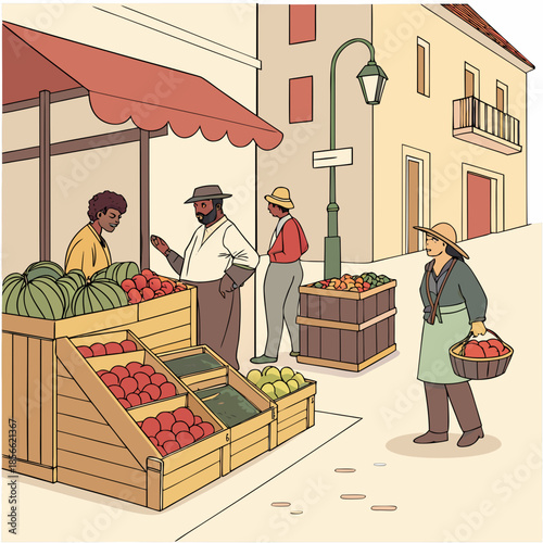 a bustling outdoor market scene featuring fresh produce vendors and customers in a quaint town setting