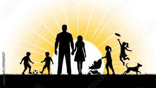 Happy Family Silhouette Enjoying Outdoor Activities Together.