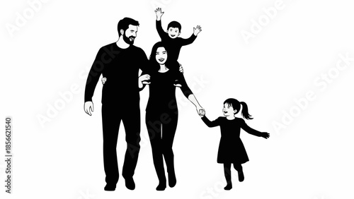 Happy family walking together outdoors on a sunny day.