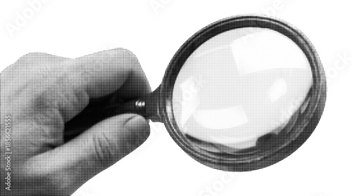 Halftone Hand Holding Magnifying Glass Graphic Element, Vintage Style