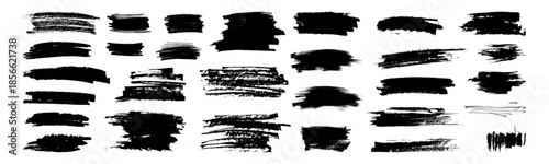Paint brush scratch bg. Vector splash strokes background. Black ink texture boxes. Hand-drawn scratches. Various shapes grungy elements. Brush stroke scribble textures isolated lines. Punk texbox tags