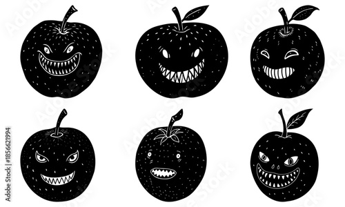 Five Black Apples with Cartoon Faces on White Background