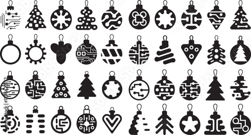 black and white Christmas ornaments and trees on white background