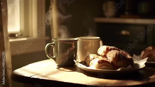 Steaming Coffee Mugs and Pastries on a Table Bathed in Morning Sunlight Through a Window.