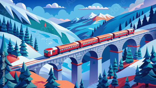 Very beautiful aerial view of a red train crossing the iconic Landwasser Viaduct in winter, surrounded by snow-covered Swiss Alps, showcasing engineering elegance and breathtaking alpine scenery.