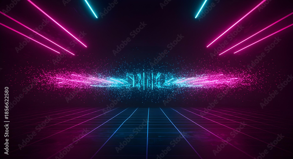 Obraz premium Futuristic Digital Grid with Glowing Lines and Particles 
