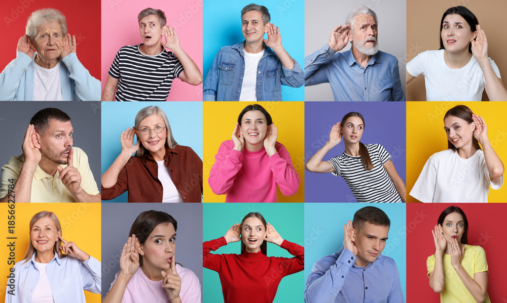 Obraz premium Hearing health. People holding hands near ears on colorful backgrounds, set