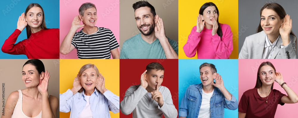 Obraz premium Hearing health. People holding hands near ears on colorful backgrounds, set