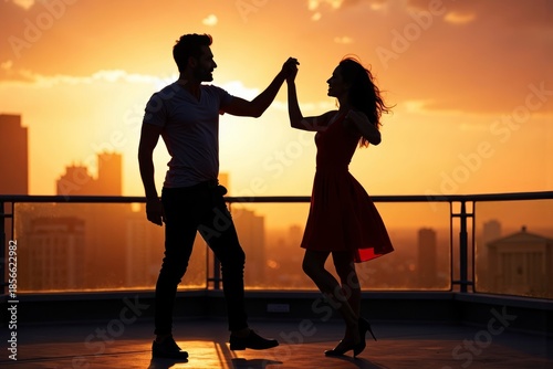 Rooftop Romance: Couple Dancing at Sunset with City Skyline Silhouette