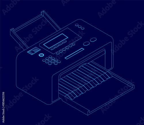 A sleek blue inkjet printer with a glossy finish and detailed control panel stands out against a solid blue contour background.