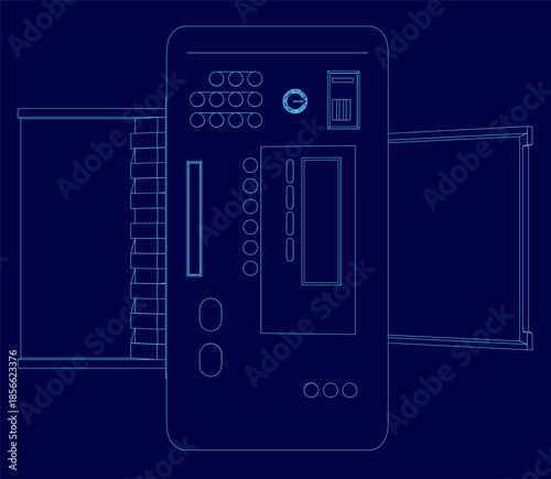 A sleek blue inkjet printer with a glossy finish and detailed control panel is captured from a top view against a solid blue contour background.