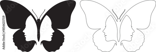 Black and White Butterfly with Two Female Faces Optical Illusion Logo Vector isolated PNG with Transparent Background