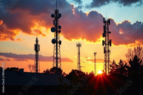Harmonizing Technology and Nature: Silhouetted Telecommunication Towers Against a Stunning Sunset Sky