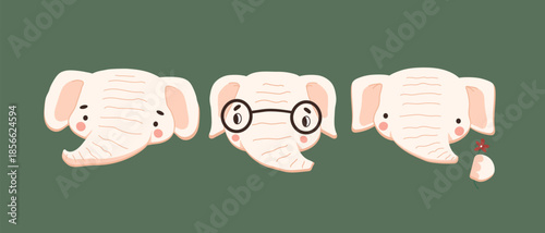 Set of three white or pink isolated hand-drawn vector elephants. Flat cartoon style for cards, invitation, school learning books