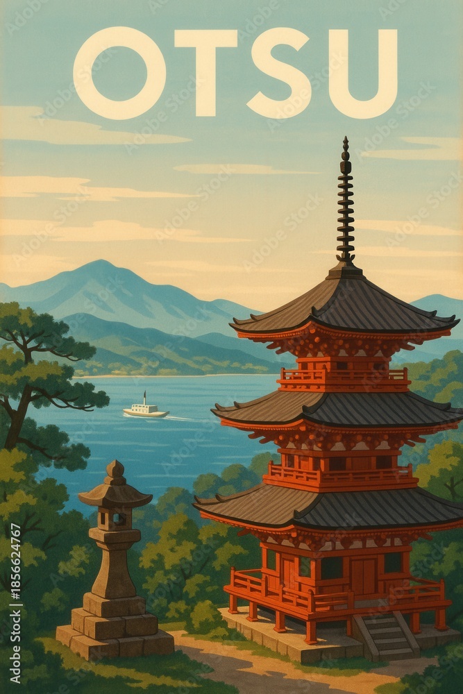 Fototapeta premium Red pagoda and stone lantern in Otsu overlooking Lake Biwa with a boat sailing under clear skies and distant blue mountains