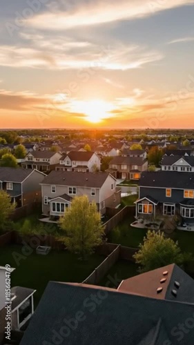 Aerial view of a residential neighborhood at sunset showing many houses with dark roofs and green trees under a bright warm sky with scattered clouds