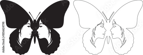 Abstract Butterfly with Symmetrical Female Faces Vector Design, Black Silhouette and Outline isolated PNG with Transparent Background