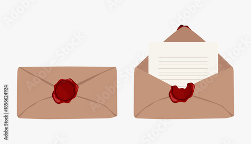 An envelope sealed with a red wax seal and an open envelope containing a letter. Vector illustration on an isolated background.