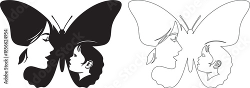 Mother and Child Faces Abstract Butterfly Silhouette and Outline Vector Graphic isolated PNG with Transparent Background