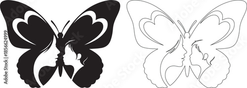 Black Silhouette and Outline Vector Butterfly with Two Interlocking Face Profiles isolated PNG with Transparent Background