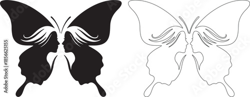 Black and White Vector Graphic of Butterfly Formed by Two Female Faces isolated PNG with Transparent Background