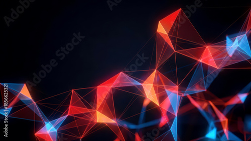 Abstract Digital Network with Glowing Red and Blue Geometric Shapes