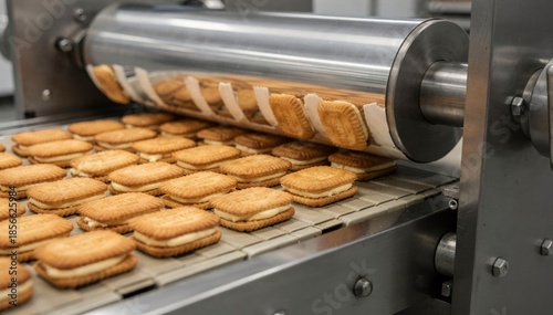 Medium shot of creamfilled biscuits perfectly shaped by a rotary molder smoothly transferring from drum to conveyor belt in a bakery assembly line.