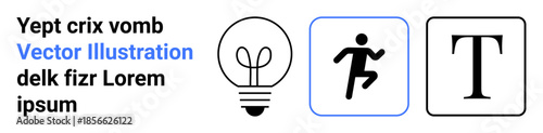 Creativity, innovation, ideas, information, problem-solving, graphic design. Light bulb, running figure letter T. Creativity and innovation by light bulb and dynamic motion concept