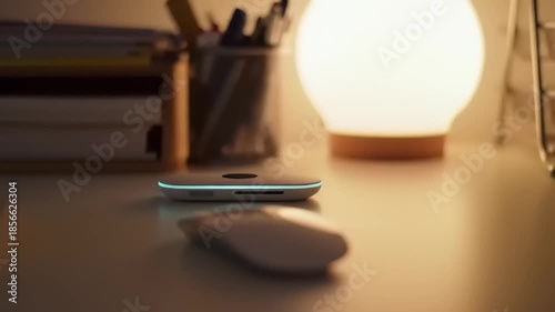 Wireless Charging of a Smartphone on a Modern Desk at Home or Office.