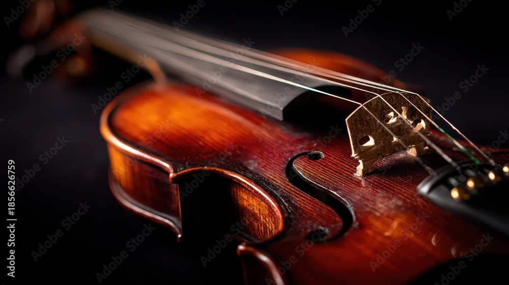 Fototapeta premium Intimate violin detail on a black backdrop highlighting strings and craftsmanship