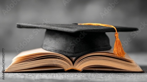 Academic Pinnacle: A photorealistic view of a graduation cap perched atop an open book, symbolizing academic achievement and the culmination of knowledge.