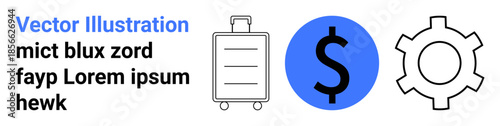 Luggage, dollar sign, and cogwheel combine visual themes of travel, money management, and system customization. Ideal for travel planning, financial tools, app development, optimization business