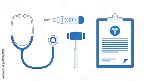 Comprehensive vector set of essential medical examination tools for healthcare professionals and diagnostic procedures, featuring stethoscope, thermometer, and clipboard
