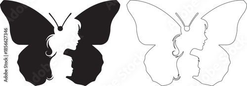 Black and White Butterfly Vector Art with Mother and Child Profile Silhouette and Outline isolated PNG with Transparent Background