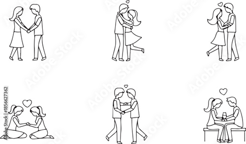 Line of romantic couples and friends in various poses and actions line romantic couples love relationships
