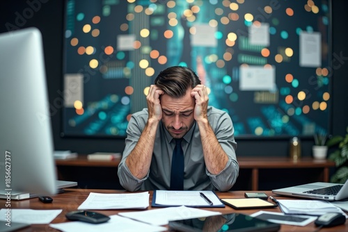 Overwhelmed Executive at a Cluttered Desk Amidst a Chaotic City Landscape