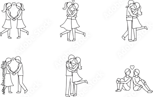 Line of romantic couples in various poses and actions line romantic couples love relationships people