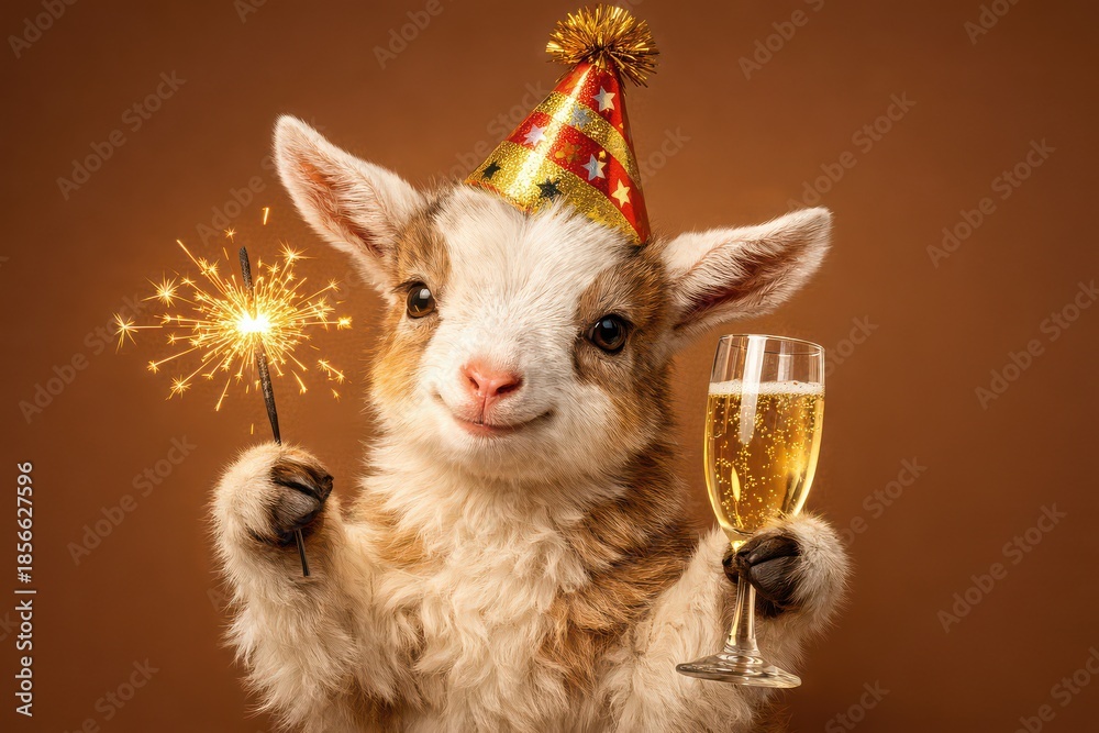 Fototapeta premium Baby Goat Wearing Party Hat With Sparkler And Champagne